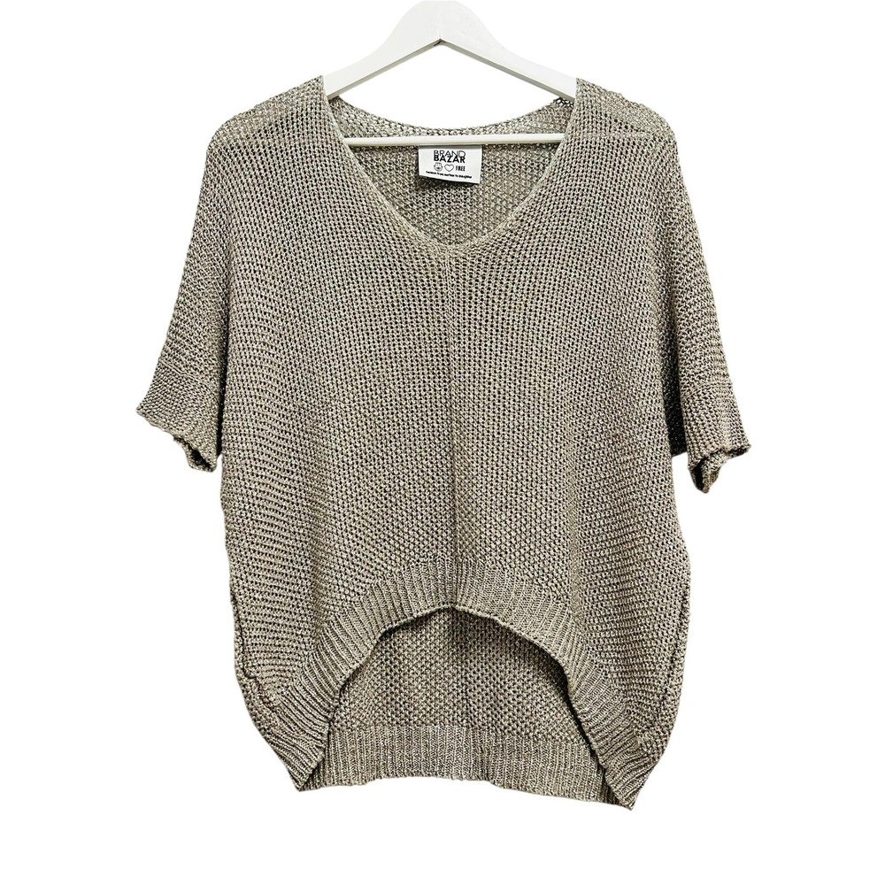 Brand Bazar Sweater Womens Free‎ Silver Metallic V-Neck Dolman S/S Knit Pullover